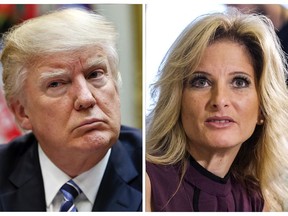 In this combination photo, President Donald Trump, left, listens during a meeting on healthcare in the Roosevelt Room of the White House, on March 13, 2017 in Washington and Summer Zervos, a former contestant on "The Apprentice" appears at a news conference in Los Angeles on Oct. 14, 2016. Trump wants New York's highest court to delay a defamation suit filed by Zervos, who accused him of unwanted groping and kissing. Trump's lawyers filed notice late Monday, May 21, 2018, asking the state Court of Appeals to freeze  Zervos' suit while a lower appellate court considers Trump's request to dismiss it or postpone it until after his presidency. (AP Photos/Pablo Martinez Monsivais, left, and Ringo H.W. Chiu, Files)