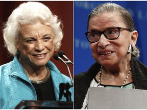 This combination photo shows retired Supreme Court Justice Sandra Day O'Connor accepting the Minerva Award during the Women's Conference in Long Beach, Calif. on  Oct. 26, 2010, left, and U.S. Supreme Court Justice Ruth Bader Ginsburg at the Georgetown University Law Center campus in Washington on Sept. 20, 2017. A TV drama about the lives and careers of Sandra Day O'Connor and Ruth Bader Ginsburg is in the works. A spokeswoman for Alyssa Milano said Tuesday that the actress' company, Peace Productions, is joining with PatMa Productions to develop the limited series. (AP Photo)