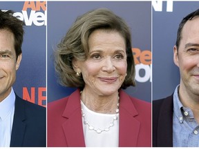 This combination photo shows, from left, Jason Bateman, Jessica Walter and Tony Hale at the "Arrested Development" season five premiere in Los Angeles on May 17, 2018.  Bateman and Hale are apologizing for comments they made in defense of their "Arrested Development" co-star Jeffrey Tambor, who was accused by Walter of verbally harassing her on set of "Arrested Development."