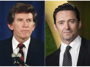 This combination photo shows Democratic presidential candidate Gary Hart withdrawing from the presidential race on in Denver on May 8, 1987, left, and actor Hugh Jackman at the 7th annual AACTA International Awards in Los Angeles on Jan. 5, 2018. Jackman will portray Hart in "The Front Runner," about Hart's 1988 Presidential bid. Sony Pictures, who acquired the worldwide distribution rights, say they will release the film in the fall to coincide with both awards season and the election. (AP Photo)
