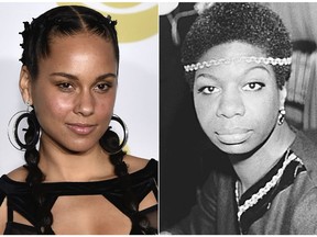 This combination photo shows Alicia Keys at the 60th annual Grammy Awards in New York on a Jan. 28, 2018,left, and jazz singer Nina Simone in London on Dec. 5, 1968. Keys is among the readers for an audio edition of "Good Night Stories for Rebel Girls" and "Good Night Stories for Rebel Girls 2." The two audiobooks, coming out June 19 from Penguin Random House Audio, each feature 100 short biographies of famous women. Keys will talk abot Simone. (AP Photo)