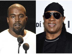 In this combination photo Kanye West speaks at the MTV Video Music Awards in New York on Aug. 28, 2016, left, and Stevie Wonder attends the TIDAL X: Brooklyn 3rd Annual Benefit Concert in New York on Oct. 17, 2017.  Wonder has called out West for saying slavery is a "choice," calling the idea "foolishness" likening it to Holocaust denial. Wonder brought up West without prompting during an interview Thursday, May 10, 2018, after a show at a West Hollywood club. (AP Photo)