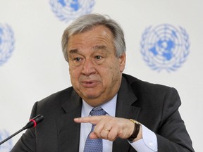 FILE - In this March 8, 2017 file photo, U.N. Secretary-General Antonio Guterres speaks during a press conference at the U.N. in Nairobi, Kenya. The United Nations said Tuesday, May 1, 2018, it received 54 allegations of sexual abuse and exploitation in the first three months of 2018 involving the entire U.N. system and non-governmental groups implementing U.N. programs. U.N. deputy spokesman Farhan Haq told reporters Tuesday that "combating this scourge, and helping and empowering those who have been scarred by these egregious acts, continue to be key priorities" for Guterres.