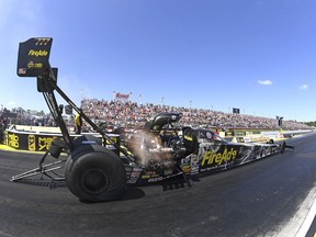 In this photo provided by the NHRA, Leah Pritchett competes in the Top Fuel final elimination racing at the 38th NHRA Southern Nationals at Atlanta Dragway in Commerce, Ga., Sunday, May 6, 2018. Pritchett piloted her FireAde dragster to a pass of 3.874 seconds at 322.42 mph during the final round of eliminations to defeat Blake Alexander. This is Pritchett's first Wally since Brainerd 2017, first event victory at Atlanta Raceway, and sixth overall.