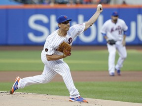 New York Mets' Jason Vargas delivers a pitch during the first inning of a baseball game against the Miami Marlins Monday, May 21, 2018, in New York.