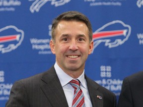 FILE - This Jan. 14, 2015, file photo shows Buffalo Bills president Russ Brandon at a news conference in Orchard Park, N.Y. A person with direct knowledge of the decision tells The Associated Press that Buffalo Bills and Sabres president Russ Brandon is leaving his post in a major shake-up made by the teams' owners, Terry and Kim Pegula.