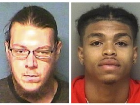 This photo combo of images provided by the Lonoke County, Ark. Sheriff's Office and Charlottesville, Va. Police Department, respectively, shows Jacob Scott Goodwin, left, and DeAndre Harris. Goodwin was found guilty of malicious wounding, Tuesday, May 1, 2018, for an August 2017 attack on Harris during a white nationalist rally in Charlottesville, Va. (Lonoke County Sheriff's Office and Charlottesville Police Department via AP)