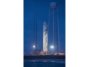 The Orbital ATK Antares rocket, with the Cygnus spacecraft onboard, is seen at launch Pad-0A, at sunrise Sunday, May 20, 2018 at Wallops Flight Facility in Virginia. The Antares will launch with the Cygnus spacecraft filled with 7,400 pounds of cargo for the International Space Station, including science experiments, crew supplies, and vehicle hardware. The mission is Orbital ATK's ninth contracted cargo delivery flight to ISS for NASA.