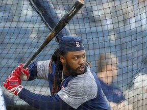 Boston Red Sox designated hitter Hanley Ramirez sets up in the batting cage during batting practice before their first baseball game of a three-game series against the New York Yankees in New York, Tuesday, May 8, 2018.