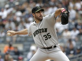 Houston Astros starting pitcher Justin Verlander throws during the first inning of a baseball game against the New York Yankees at Yankee Stadium Monday, May 28, 2018, in New York.
