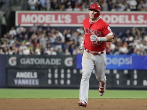 Los Angeles Angels' Mike Trout runs the bases after hitting a home run during the fifth inning of the team's baseball game against the New York Yankees on Friday, May 25, 2018, in New York.