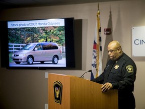 FILE - In this April 12, 2018 file photo, Cincinnati Police Chief Eliot Isaac speaks to reporters about the death of Kyle Plush during a news conference at the Criminal Investigation Section conference room, in Cincinnati. He showed a stock image of a 2002 Honda Odyssey, which was the same make, model and year of Plush's vehicle.  Police will try again to answer lingering questions about their failed response to the calls for help from the 16-year-old boy who died in a minivan parked near his school. An initial presentation of their internal investigation May 14,  left people including Kyle Plush's family unsatisfied, and city council told police to return Tuesday, May 29.
