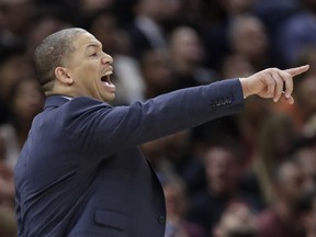 Cleveland Cavaliers coach Tyronn Lue gestures during the first half of Game 3 of the team's NBA basketball second-round playoff series against the Toronto Raptors, Saturday, May 5, 2018, in Cleveland.