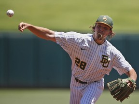 Baylor's Hayden Kettler (28) pitches against TCU in the first inning of the championship game of the Big 12 baseball tournament game in Oklahoma City, Sunday, May 27, 2018.