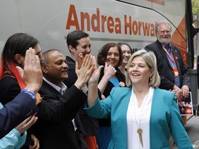 Ontario NDP Leader Andrea Horwath greets local NDP candidates at a campaign stop in Ottawa on Sunday, May 20, 2018.
