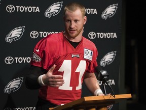 Philadelphia Eagles quarterback Carson Wentz talks to the media prior to practice at NFL football training camp, Tuesday, May 22, 2018, in Philadelphia.