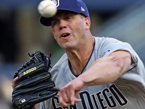 San Diego Padres starting pitcher Clayton Richard delivers during the first inning of the team's baseball game against the Pittsburgh Pirates in Pittsburgh, Saturday, May 19, 2018.