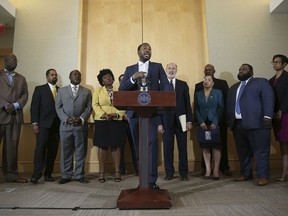 Rapper Meek Mill speaks during a news conference promoting Gov. Tom Wolf's proposals to reform the criminal justice system at the National Constitution Center in Philadelphia on Thursday, May 3, 2018. Wolf, Mill and several state legislators spoke in favor of reforms.