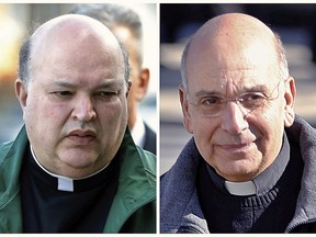 FILE - This combination of file photos from March 18, 2016, shows Anthony Criscitelli, left, and Robert D'Aversa, right, when the Franciscan friars were arraigned on charges of child endangerment and criminal conspiracy at a district magistrate in Hollidaysburg, Pa. Criscitelli and D'Aversa were sentenced to five years of probation Friday, May 4, 2018, in Altoona, Pa., after pleading no contest to endangering the welfare of children over their supervision of another friar who killed himself while under investigation for molesting more than 100 children.