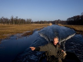 Wouter Slors, navigates his flat-bottomed punt through twisting waterways to a plot of land where he cuts reed at the Naardermeer natural reserve in Muiderberg, Netherlands, Wednesday, March 14, 2018. Practitioners of an ancient craft of harvesting, cleaning and drying reed that is used to thatch houses, Dutch reed cutters are seeking tax breaks to allow them to better compete with cheaper imports from China.