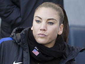 FILE--In this April 10, 2016, file photo, United States goalkeeper Hope Solo looks on prior to an international friendly soccer match against Colombia in Chester, Pa. Washington state prosecutors dropped domestic violence charges against Solo Wednesday, May 23, 2018, saying that the witnesses in the case wanted to move on with their lives and did not want to participate in a trial.