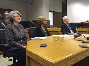 FILE - In this Jan. 29, 2018, file photo, Oregon state Senate Majority Leader Ginny Burdick, D-Portland, left, Senate Republican Leader Jackie Winters, R-Salem, and Senate President Peter Courtney, D-Salem, speak in Salem, Oregon. Burdick, the Portland Democrat who co-chaired a joint committee set up to implement the voter-approved marijuana legalization measure, says she understood that the consequence of not limiting marijuana licenses in the state is that there will be a shakeout.