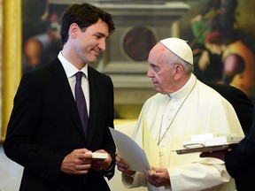 Prime Minister Justin Trudeau meets with Pope Francis for a private audience at the Vatican on May 29, 2017.