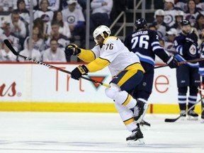 P.K. Subban of the Nashville Predators reacts after scoring against the Winnipeg Jets in Game 4 of their Western Conference semifinal Thursday in Winnipeg. The Preds won 2-1 to tie the series at 2-2 heading back to Nashville for Game 5 on Saturday.
