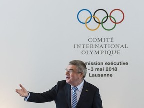 International Olympic Committee, IOC, President Thomas Bach from Germany, reacts prior to the opening of the International Olympic Committee, IOC, executive board meeting, in Lausanne, Switzerland, Wednesday, May 2, 2018.