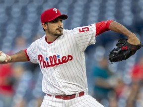 Philadelphia Phillies starting pitcher Zach Eflin (56) throws in the first inning of a baseball game against the San Francisco Giants, Monday, May 7, 2018, in Philadelphia.