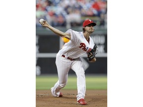 Philadelphia Phillies' Aaron Nola pitches during the first inning of a baseball game against the San Francisco Giants, Tuesday, May 8, 2018, in Philadelphia.