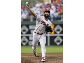 Philadelphia Phillies' Jake Arrieta pitches during the first inning of a baseball game against the Atlanta Braves, Wednesday, May 23, 2018, in Philadelphia.