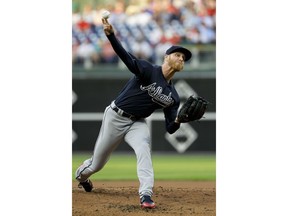 Atlanta Braves' Mike Foltynewicz pitches during the first inning of a baseball game against the Philadelphia Phillies, Monday, May 21, 2018, in Philadelphia.