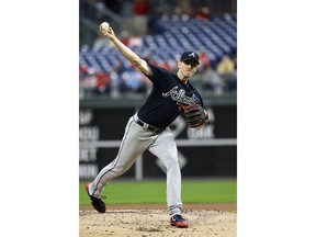 Atlanta Braves' Brandon McCarthy pitches during the first inning of a baseball game against the Philadelphia Phillies, Tuesday, May 22, 2018, in Philadelphia.