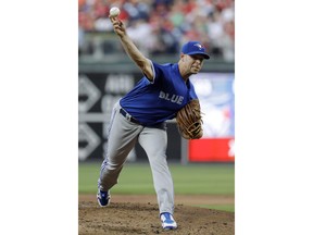 Toronto Blue Jays' Sam Gaviglio pitches during the first inning of a baseball game against the Philadelphia Phillies, Friday, May 25, 2018, in Philadelphia.