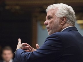 Quebec Premier Philippe Couillard responds to the Opposition during question period Thursday, May 3, 2018 at the legislature in Quebec City.