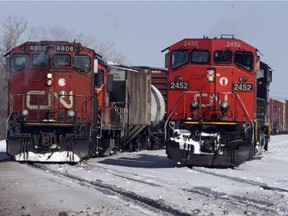 Canadian National locomotives are seen in Montreal on February 23, 2015.