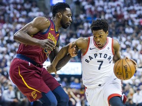 Toronto Raptors guard Kyle Lowry drives against Cleveland Cavaliers forward Jeff Green on May 1.