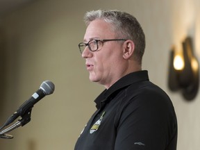 Kevin Garinger, director of the Humboldt Bronos' Memorial Fund speaks during a press conference about the fund in Regina on Thursday May 17, 2018.