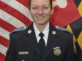 This undated photo made available by the Baltimore County Police and Fire Department Tuesday, May 22, 2018, shows Baltimore County Police officer first class Amy Caprio, who was killed in the line of duty on Monday, May 21, 2018. A 16-year-old boy has been charged with first-degree murder in the slaying of a Caprio, and three other suspects were taken into custody, authorities said Tuesday, May 22, 2018.  (Baltimore County Police and Fire Department via AP)