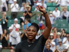 Serena Williams of the U.S. celebrates after defeating Kristyna Pliskova of the Czech Republic in their first round match of the French Open tennis tournament at the Roland Garros stadium, Tuesday, May 29, 2018 in Paris.