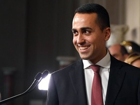 Five-Star Movement leader Luigi Di Maio addresses the media after a meeting with Italian President Sergio Mattarella at the Quirinale presidential Palace, in Rome, Monday, May 21, 2018. Italy's president has convened the leaders of the anti-establishment 5-Star Movement and the right-wing League for consultations that could lead to the first populist government in the eurozone's third largest economy.