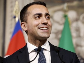 Five-Star Movement leader Luigi Di Maio addresses the media after a meeting with Italian President Sergio Mattarella, at the Quirinale presidential palace, in Rome, Monday, May 14, 2018. The leader of the euro-skeptic 5-Star Movement asked Italy's president on Monday for more time to hammer out a coalition deal with the head of a rival populist party, saying he also wants his voter base to have their say online about the accord before any government is formed.