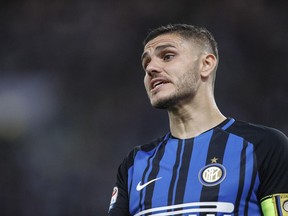 Inter Milan's Mauro Icardi reacts during the Serie A soccer match between Lazio and Inter Milan at the Rome Olympic Stadium Sunday, May 20, 2018.