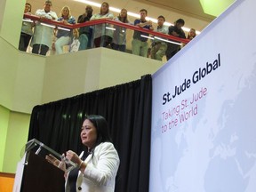 Dr. Mae Dolendo, of the Philippines, talks about the expansion of a global outreach program at St. Jude Children's Research Hospital on Thursday, May 24, 2018, in Memphis, Tenn. The hospital said that among several other nations, it is building relations in Russia, Myanmar, Cambodia and sub-Saharan Africa. Its research has already affected the Philippines, where Dolendo treats children with cancer in Davao City on the island of Mindanao.