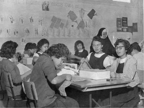 Practical sewing class at the Kamloops Indian Residential school 1958 or 1959. Mount Saint Vincent University in Halifax is expected to offer the course, Selected Topics in North American History: Residential Schools, this fall.
The school’s website says the professor slated to teach the course has an expertise in Atlantic Canadian First Nations history, with a specialization in the historical experiences of 20th century Indigenous women.