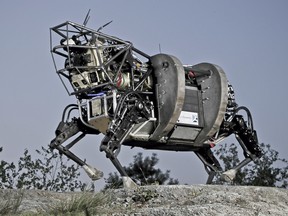 The Legged Squad Support System developed by Boston Dynamics, a robot about the size of a cow that is intended to follow a soldier in the field, carrying up to 400 pounds of equipment.