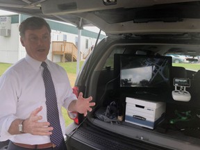 South Carolina Department of Corrections Director Bryan Stirling shows a monitor and drone camera equipment in Columbia, SC., Thursday, May 24, 2018. The drones will be used to monitor safety and contraband smuggling at state prisons. Stirling said South Carolina is the first state in the nation to use drones like this.