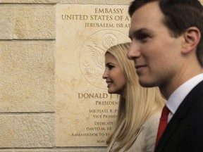 U.S. President Donald Trump's daughter Ivanka, left, and White House senior adviser Jared Kushner attends the opening ceremony of the new U.S. Embassy in Jerusalem, Monday, May 14, 2018.