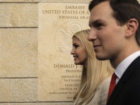 U.S. President Donald Trump's daughter Ivanka, left, and White House senior adviser Jared Kushner attends the opening ceremony of the new U.S. Embassy in Jerusalem, Monday, May 14, 2018. Amid deadly clashes along the Israeli-Palestinian border, President Donald Trump's top aides and supporters on Monday celebrated the opening of the new U.S. Embassy in Jerusalem as a campaign promised fulfilled.